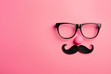 April Fools Day card with fake glasses nose mustache on pink background - obrazy, fototapety, plakaty