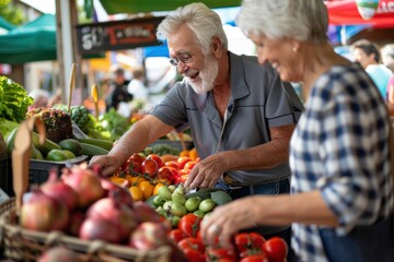 Senior couple selecting tomatoes at a farmers market with a smile.