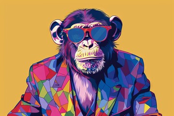 fashionable monkey in sunglasses and colorful suit pop art style vector portrait faceted digital illustration - obrazy, fototapety, plakaty