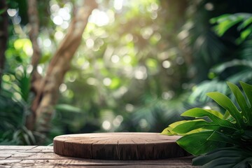 Wood tabletop podium floor in outdoors blur green leaf tropical forest nature landscape background.cosmetic natural product mock up placement pedestal stand display,jungle summer - generative ai