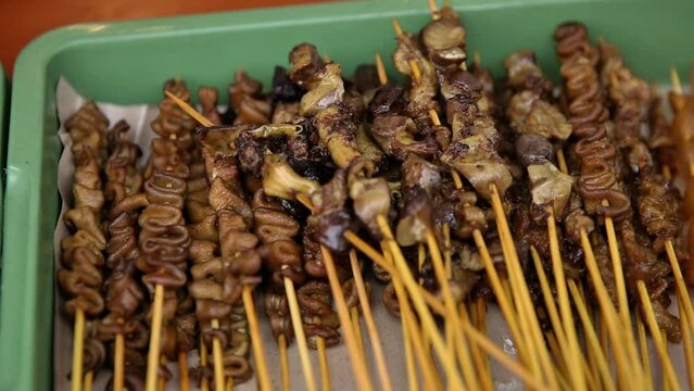 Liver gizzard satay, intestine satay and skin satay, street food