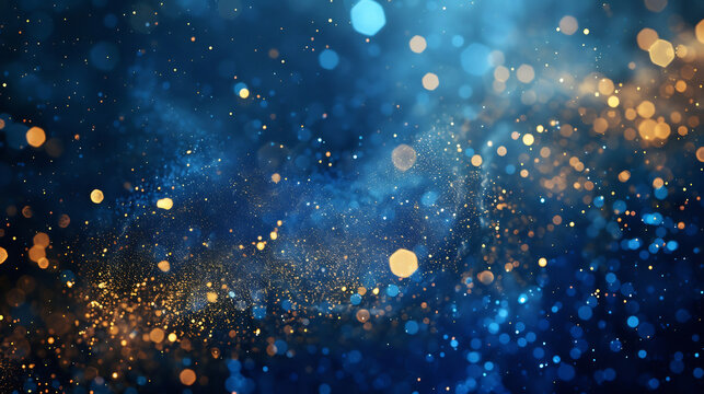 Fototapeta Abstract Golden Bokeh Lights on Blue Background, Festive Glittering Texture, Christmas Golden light shine particles bokeh on navy blue background