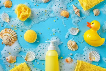 Baby bath essentials shampoo sponge rubber duck towel seashells Organic bathroom products in beauty flat lay photo