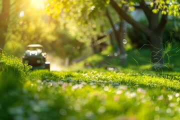 Backyard lawnmower trimming green grass in garden - obrazy, fototapety, plakaty
