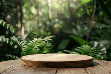 Wood tabletop podium floor in outdoors blur green leaf tropical forest nature landscape background.cosmetic natural product mock up placement pedestal stand display,jungle summer - generative ai - obrazy, fototapety, plakaty