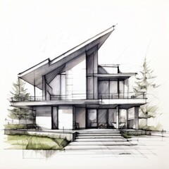 Architect's House Hand Sketch Drawing - Home Design, Architect’s Office, Real Estate Planning.