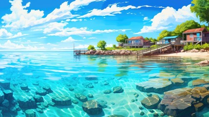 Tropical Paradise Split View, Underwater and Beachside Illustration