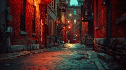 Cobblestone alleyway between brick buildings in the city at night