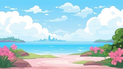 Fototapeta na wymiar Tropical Paradise Beach, Vibrant Cartoon Scenery