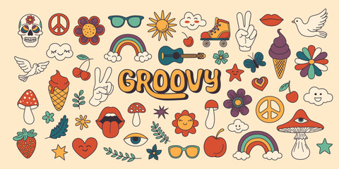 Vector Vintage Groovy Icons and Design Elements for Poster, Sticker Design. Retro Symbol in Hippie 70s Style, Psychedelic Mushroom, Flowers, Eye, Anti-War Peace Symbols. Vector Illustration