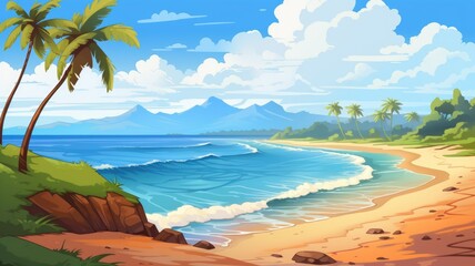 Fototapeta na wymiar Tropical Paradise Beach Landscape, Serene Ocean View Illustration