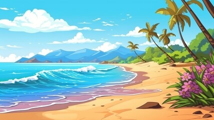 Tropical Paradise Beach Landscape,  Serene Ocean View Illustration