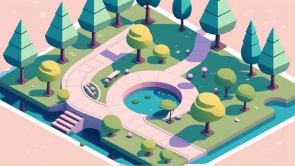 3d isometric city park. Vector illustration. City park.