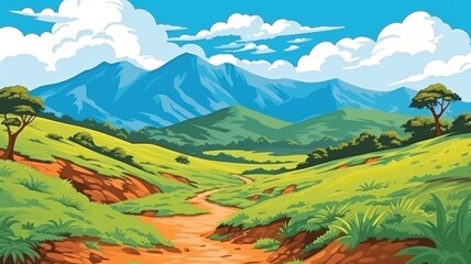 Cheerful Cartoon Valley with Sunny Skies and Green Mountains