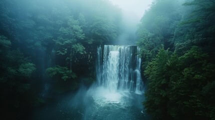 Mesmerizing Cascading Waterfall Surrounded by Lush Greenery and Foggy Atmosphere