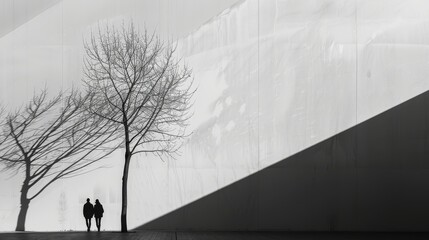 Couple walking in front of a large white wall with tree shadows, romantic stroll on a winter day