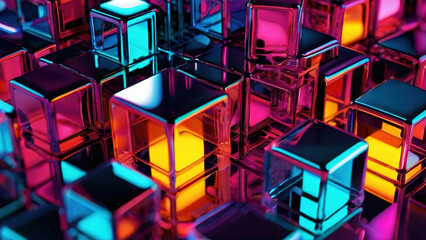 Abstract 3d rendering of chaotic geometric shapes with glowing light effects - obrazy, fototapety, plakaty