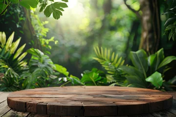 Wandcirkels aluminium Wood tabletop podium floor in outdoors blur green leaf tropical forest nature landscape background.cosmetic natural product mock up placement pedestal stand display,jungle summer - generative ai © Nia™