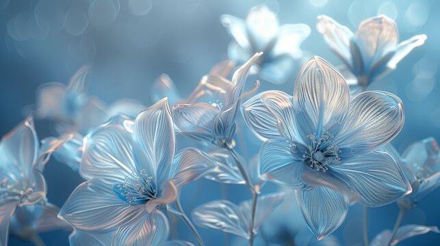 Translucent Platycodon flowers against a soft blue bokeh background convey serene beauty