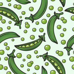 Vector Seamless Pattern with Flat Green Pea Pod. Cartoon Green Peas Design Template for Textile, Wallpaper, Culinary Packaging