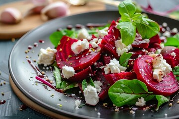 Beetroot goat cheese and chard salad