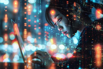 futuristic cyberpunk asian woman with laptop binary code elements digital art