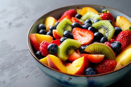 Bowl of fruit salad with strawberries kiwi blueberries and peaches