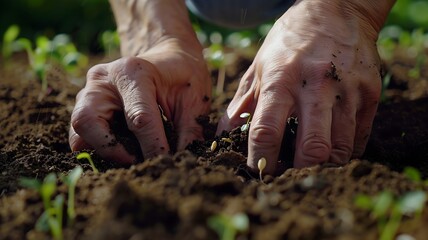  A pair of hands tenderly planting seeds in freshly turned soil, signaling the start of a new gardening season. 
 - obrazy, fototapety, plakaty