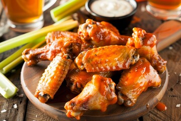 Buffalo wings with cayenne sauce served with celery carrots blue cheese dip and beer