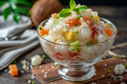 Buko Salad is a Filipino fruit salad with young coconut tapioca pearl jelly Nata de Coco and sweetened milk or cream
