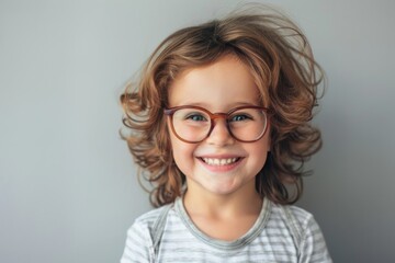 Fototapeta premium A child smiles with glasses on a plain background. Children's vision and eye health concept