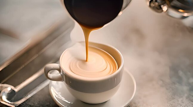 barista pouring milk in a cup of hot latte art coffee Barista pouring milk into a cup of latte art coffee A coffee cup in a close up