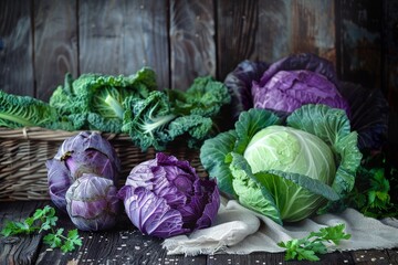 Cabbage assortment on wooden background in a still life