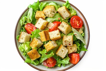 Caesar salad on white background top view