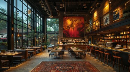 Interior of event space and cafe. Empty wooden table space platform.