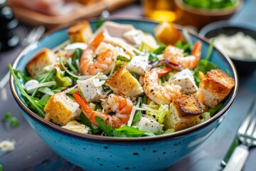 Caesar salad with prawn chicken croutons and cheese in blue bowl focused - obrazy, fototapety, plakaty