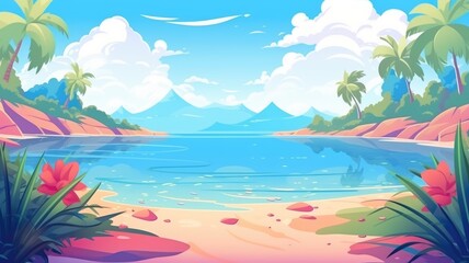 Fototapeta na wymiar Tropical Beach Bliss, Vibrant Cartoon Landscape