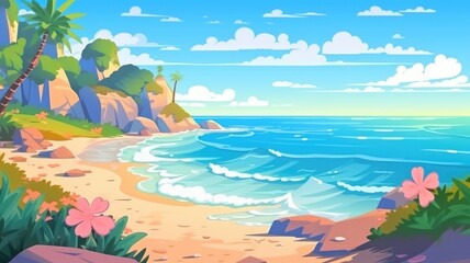Fototapeta na wymiar Tropical Beach Bliss, Vibrant Cartoon Landscape