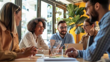 Cheerful, diverse business team engaging in discussion in a sunny office.