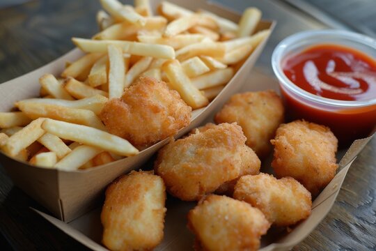 Chicken nuggets and fries in a paper box