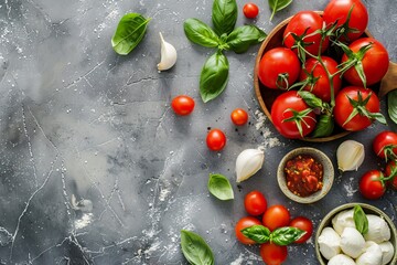 Caprese salad with fresh ingredients top view on grey background