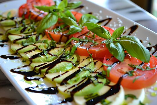 Caprese salad with fresh mozzarella tomatoes avocado basil olive oil balsamic glaze rock salt