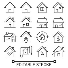 Set of house in modern thin editable line style. home symbols for web site design and mobile apps. Simple linear house pictograms on a white background.