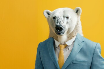 Portrait of a polar bear in a business suit with a yellow tie against a yellow background.