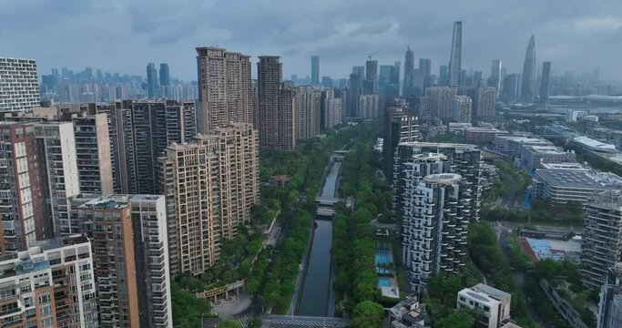 Aerial footage of landscape in shenzhen city, China 