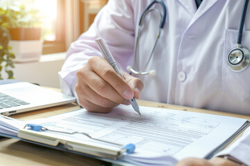 Male doctor writing and filling a prescription for her patient, medical insurance claim form