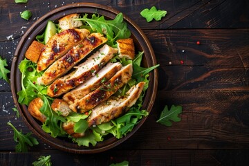 Chicken Caesar salad on dark wood background with space for text - obrazy, fototapety, plakaty