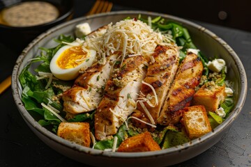 Fototapeta premium Chicken Caesar salad with egg croutons Parmesan lettuce and dressing