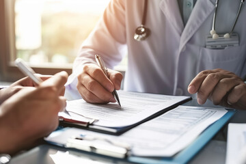 Male doctor writing and filling a prescription for her patient, medical insurance claim form