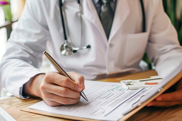 Male doctor writing and filling a prescription for her patient, medical insurance claim form